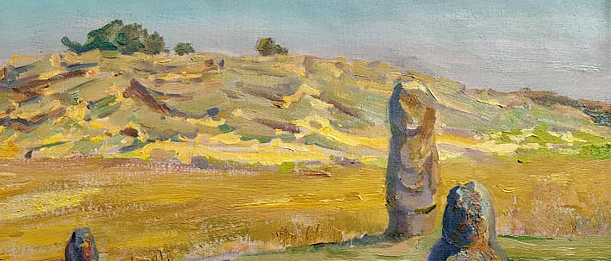 Oil painting of tall stone monoliths in golden field by Leonid Pavlenko