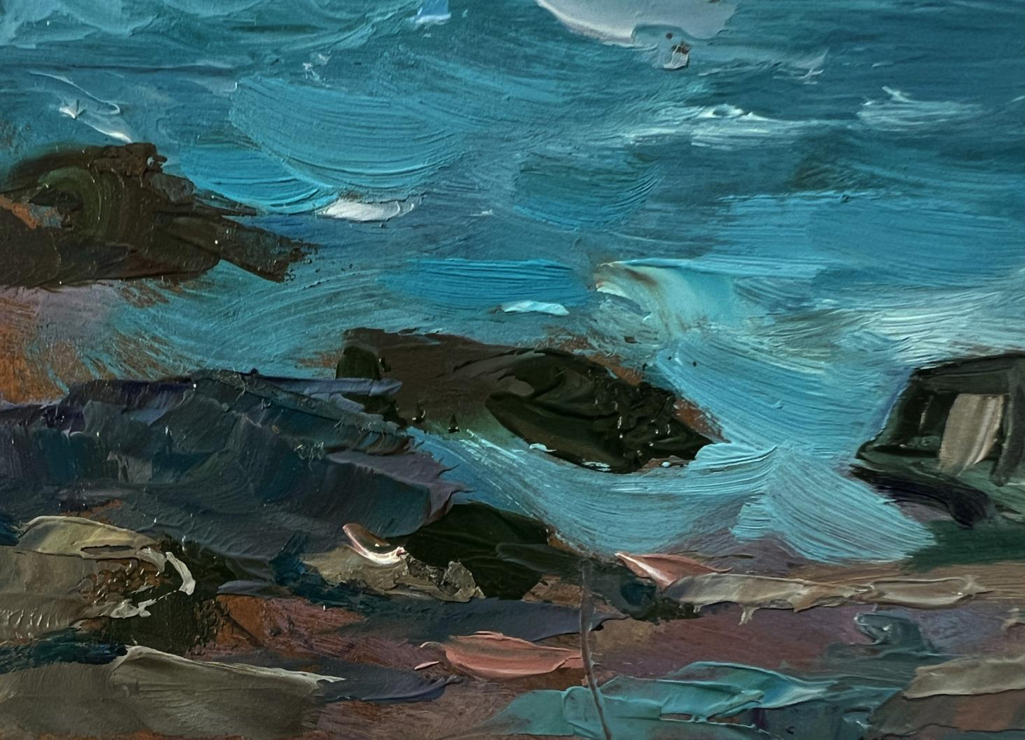 Oil painting Boats on the seashore by Yuriy Suprunchuk with turbulent teal waves