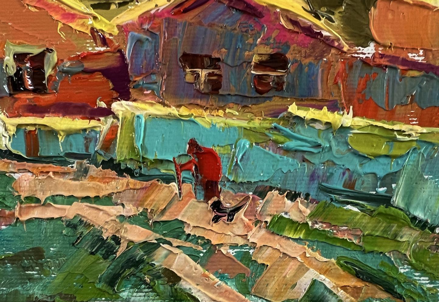 Vibrant impressionist oil painting by Oleksiy Ivanyuk: red figure and black dog in warm village evening