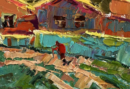 Vibrant impressionist oil painting by Oleksiy Ivanyuk: red figure and black dog in warm village evening