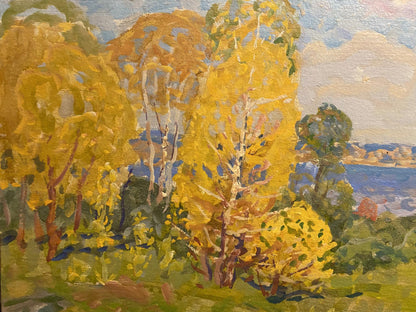 Oil painting Golden morning by Georgy Kolosovsky: birch trees in golden foliage
