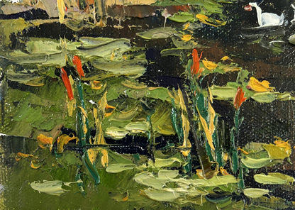 Oil painting Geese in the lake by Oksana Ivanyuk with lily pads, water lilies, swan