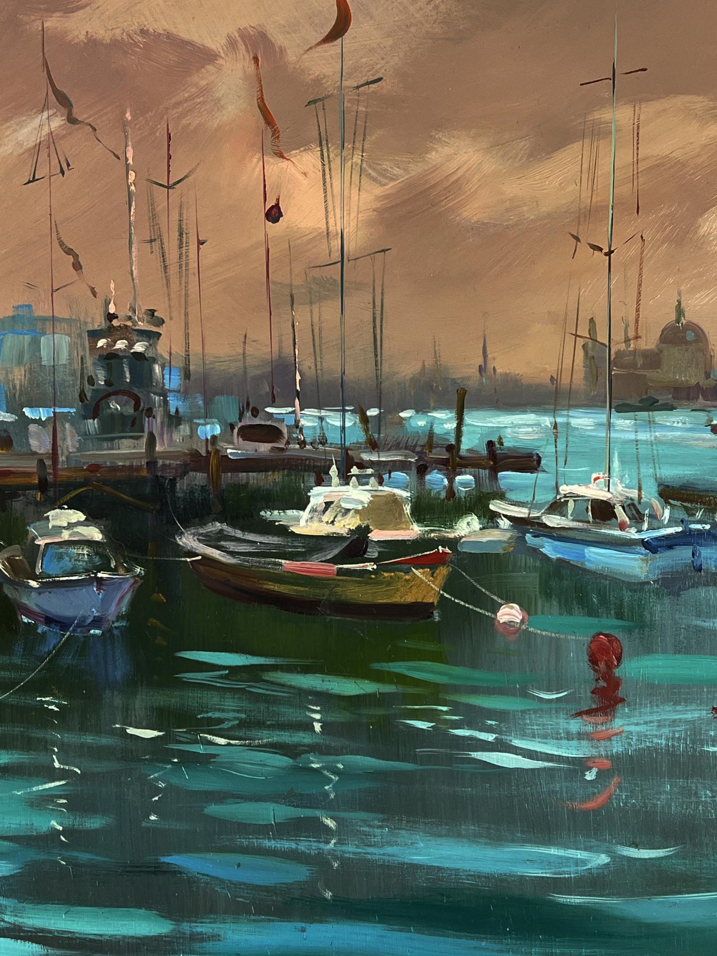 Oil painting Sunset at the city pier by Yuriy Suprunchuk serene harbor scene