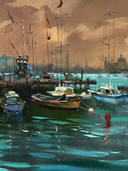 Oil painting Sunset at the city pier by Yuriy Suprunchuk serene harbor scene