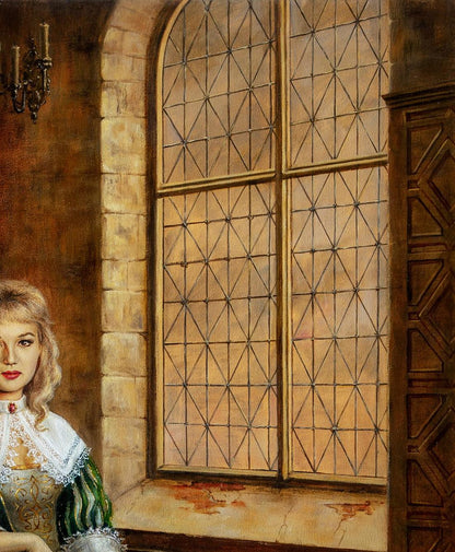 Oil painting My Strength is in My Weakness by Valeriy Bulat: blonde woman in white lace dress