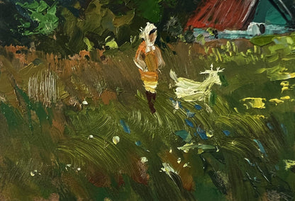 Oil painting by Yuriy Suprunchuk: woman in orange dress walks green field with blue flowers