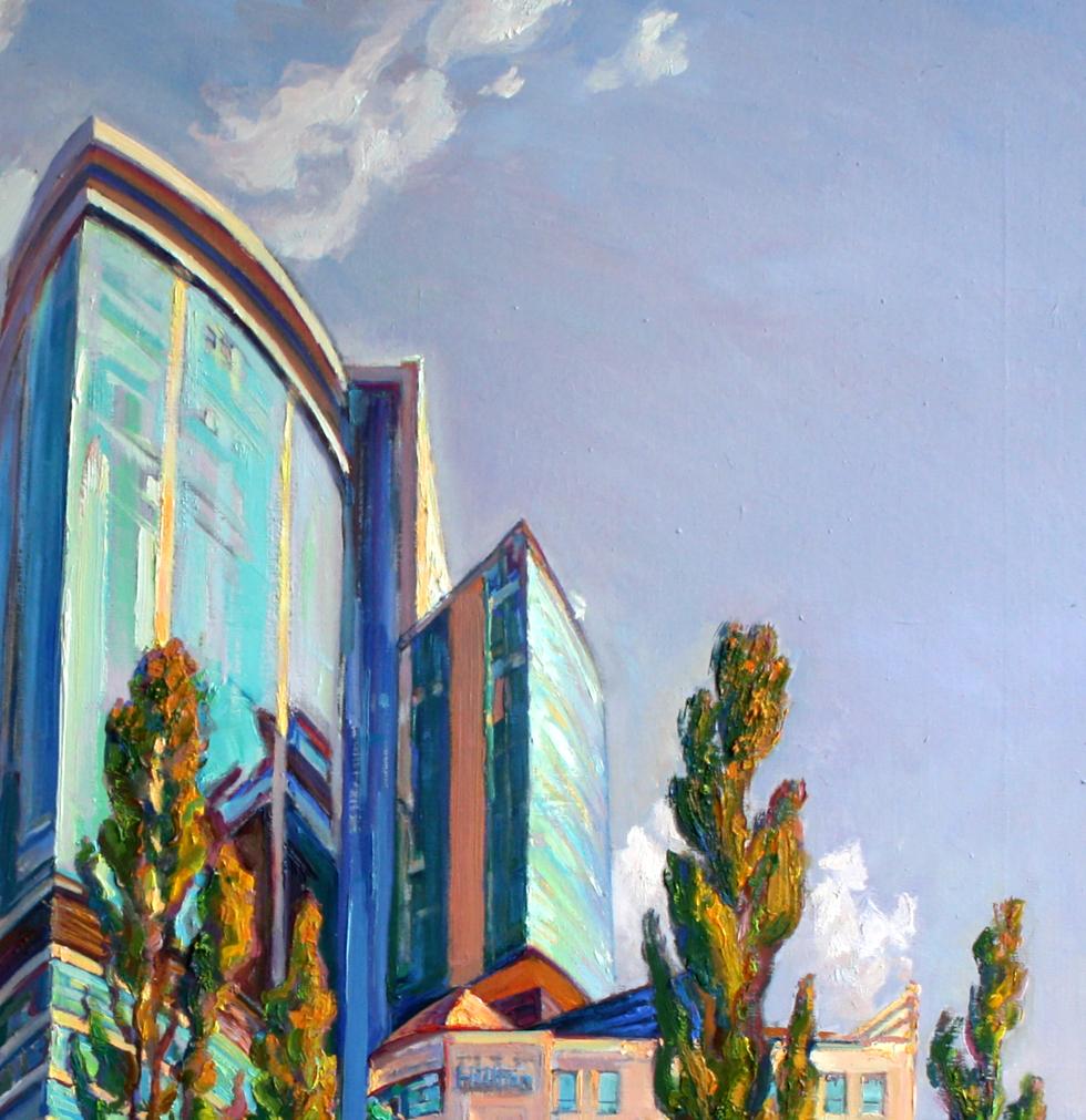 Oil painting of vibrant teal glass skyscraper by Leonid Pavlenko