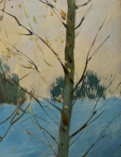 Oil painting by Yuriy Suprunchuk: tree with green trunk, golden leaves, winter sunset