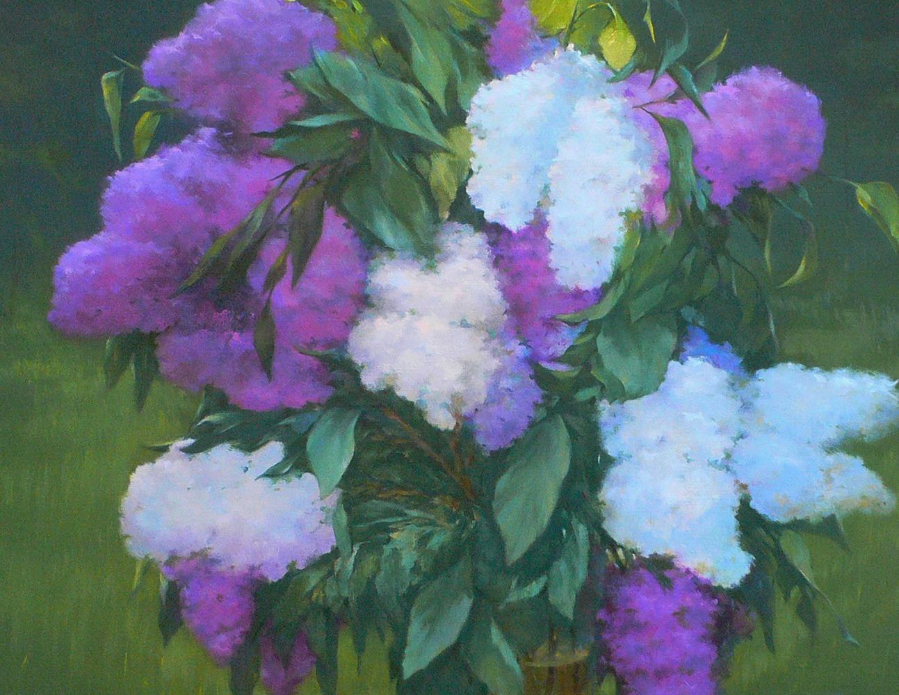Vibrant purple and white lilac bouquet oil painting by Vasily Korkishko