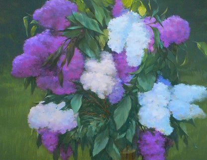 Vibrant purple and white lilac bouquet oil painting by Vasily Korkishko