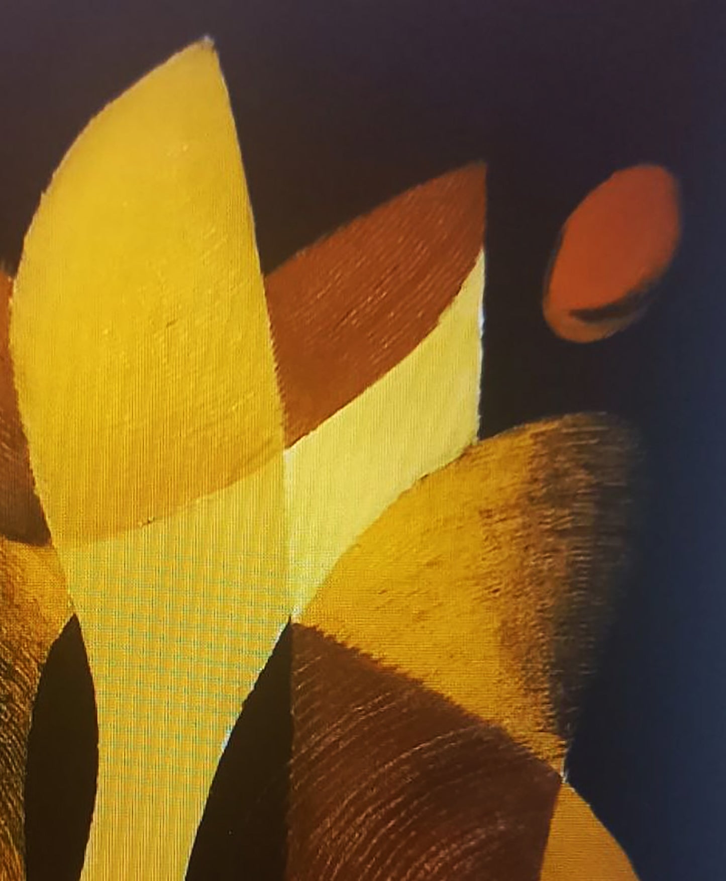 Oil painting Shaping by Alexander Strashevich: bold yellow, orange, brown geometric shapes on dark background