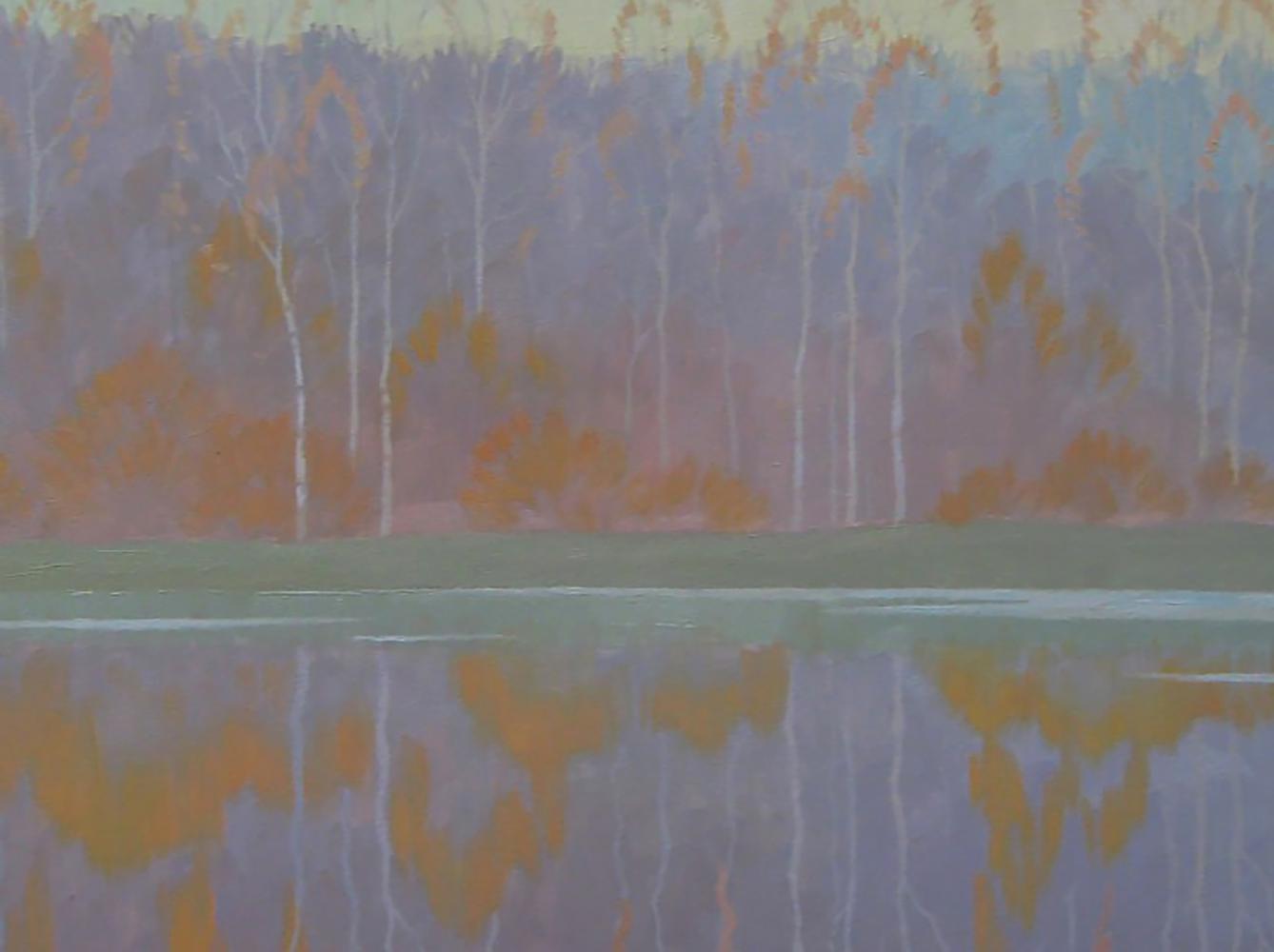 Serene watercolor lake reflecting autumn trees by Valery Savenets