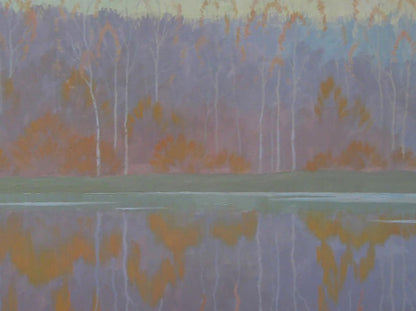 Serene watercolor lake reflecting autumn trees by Valery Savenets