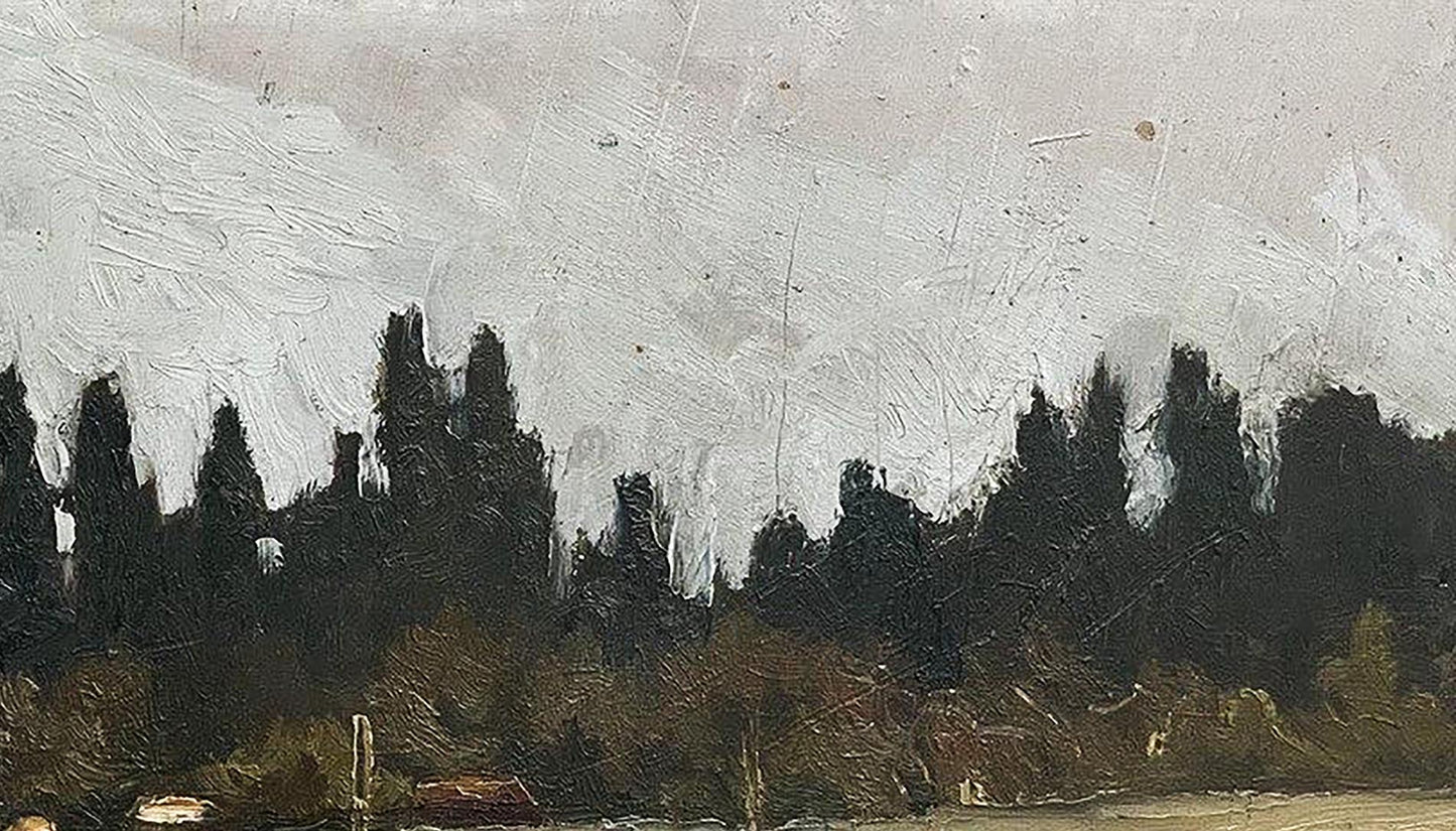 Oil painting of house by dark forest silhouette by Volodymyr Pashchenko