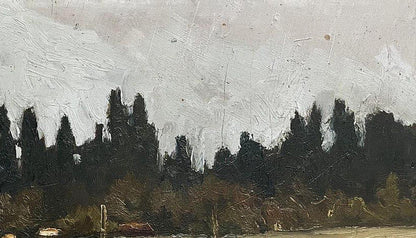 Oil painting of house by dark forest silhouette by Volodymyr Pashchenko