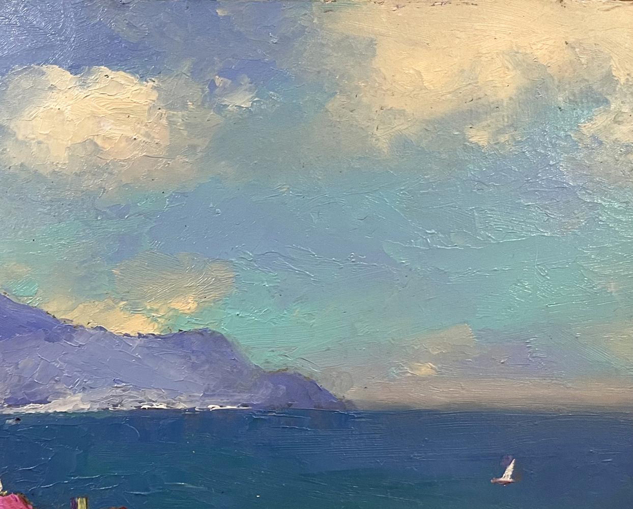 Serene oil painting of resort town with textured sea by Serhiy Rybak