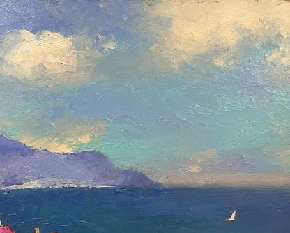 Serene oil painting of resort town with textured sea by Serhiy Rybak
