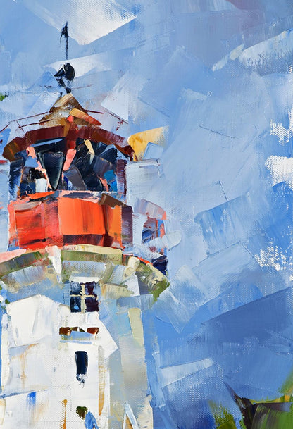 Vibrant oil painting of abstract lighthouse, Hellen Hiddensee by Volodymyr Gluhomanyuk