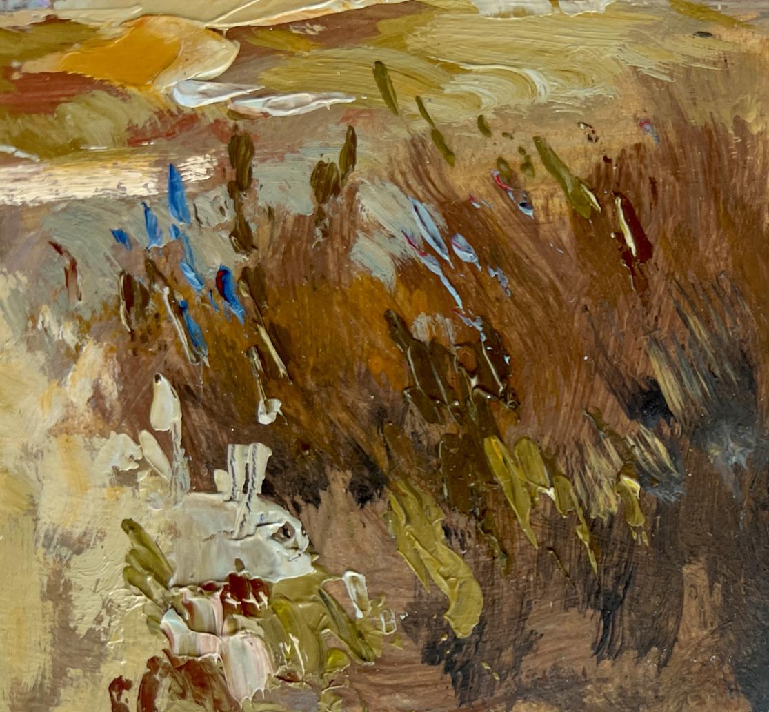 Textured impressionistic oil painting of white rabbit in autumn forest grasses by Yuriy Suprunchuk