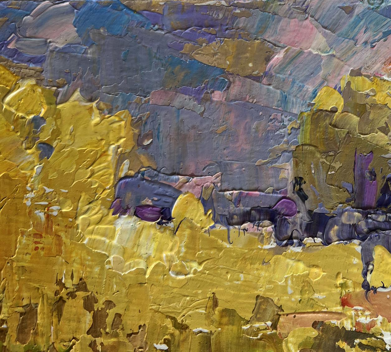 Oil painting On the autumn lake by Oleksiy Ivanyuk with gold purple gray impasto