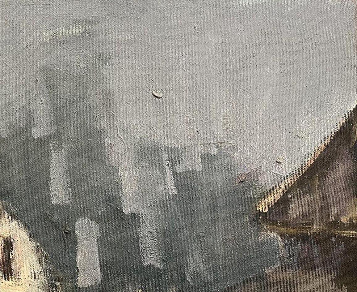 Oil painting Abandoned village by Volodymyr Pashchenko, muted gray sky