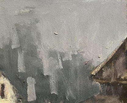 Oil painting Abandoned village by Volodymyr Pashchenko, muted gray sky