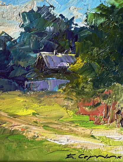 Oil painting by Boris Serdyuk: red cow near rustic cottage in lush green hills