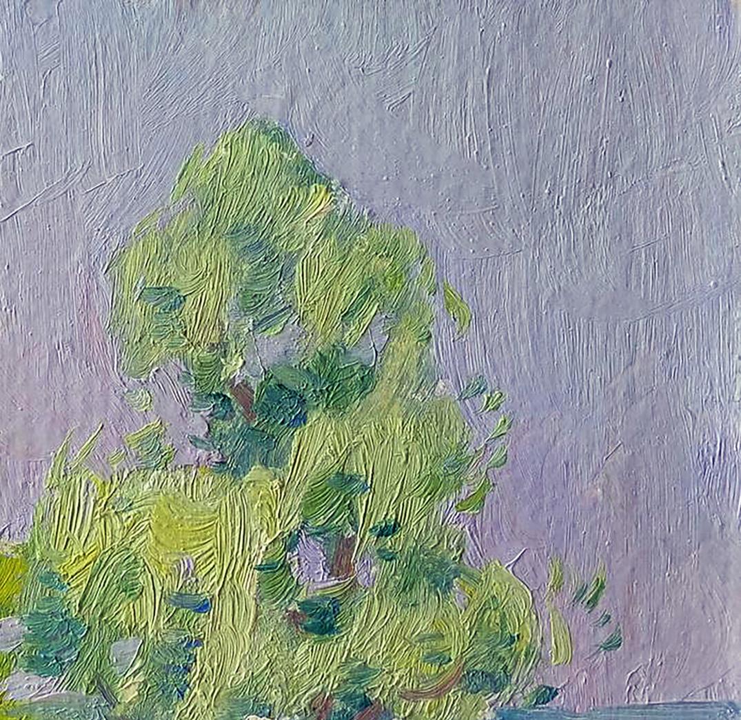 Textured impressionist green tree oil painting by Yury Konovalov