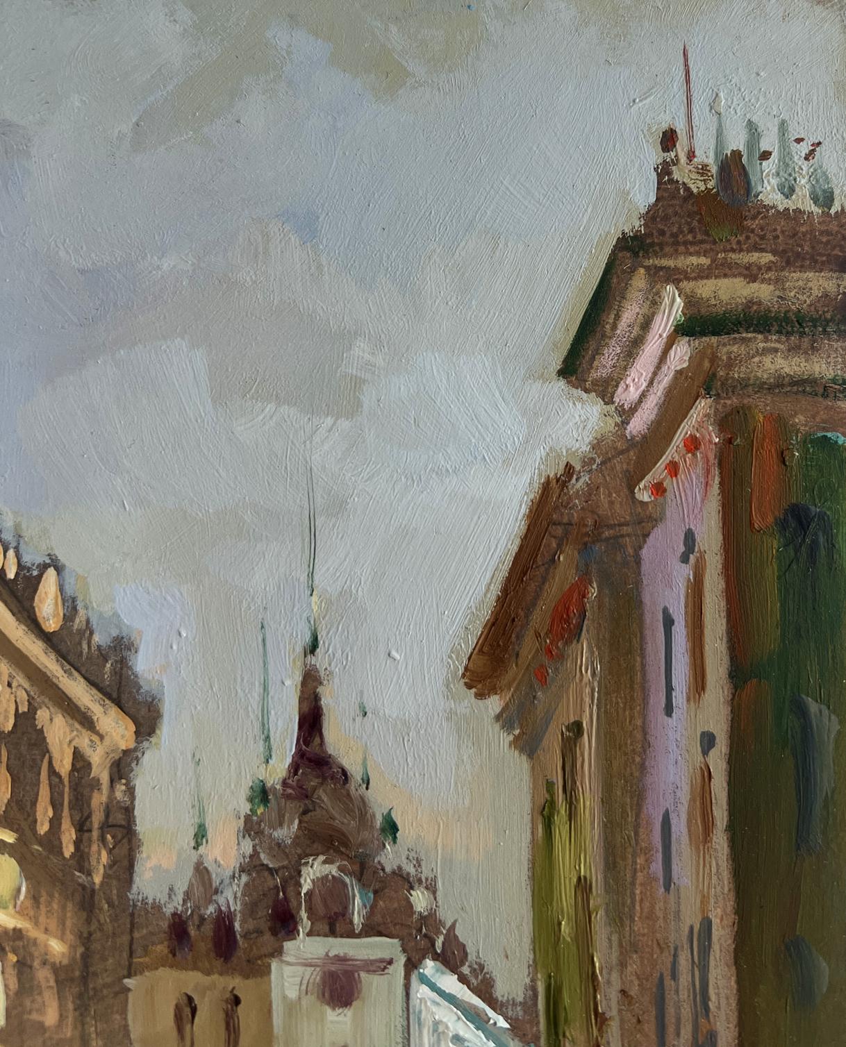 Oil painting by Yuriy Suprunchuk: quiet old town corner with brick facades