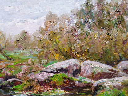 Oil painting On the River Bank by Leonid Pavlenko: mossy rocks, green trees