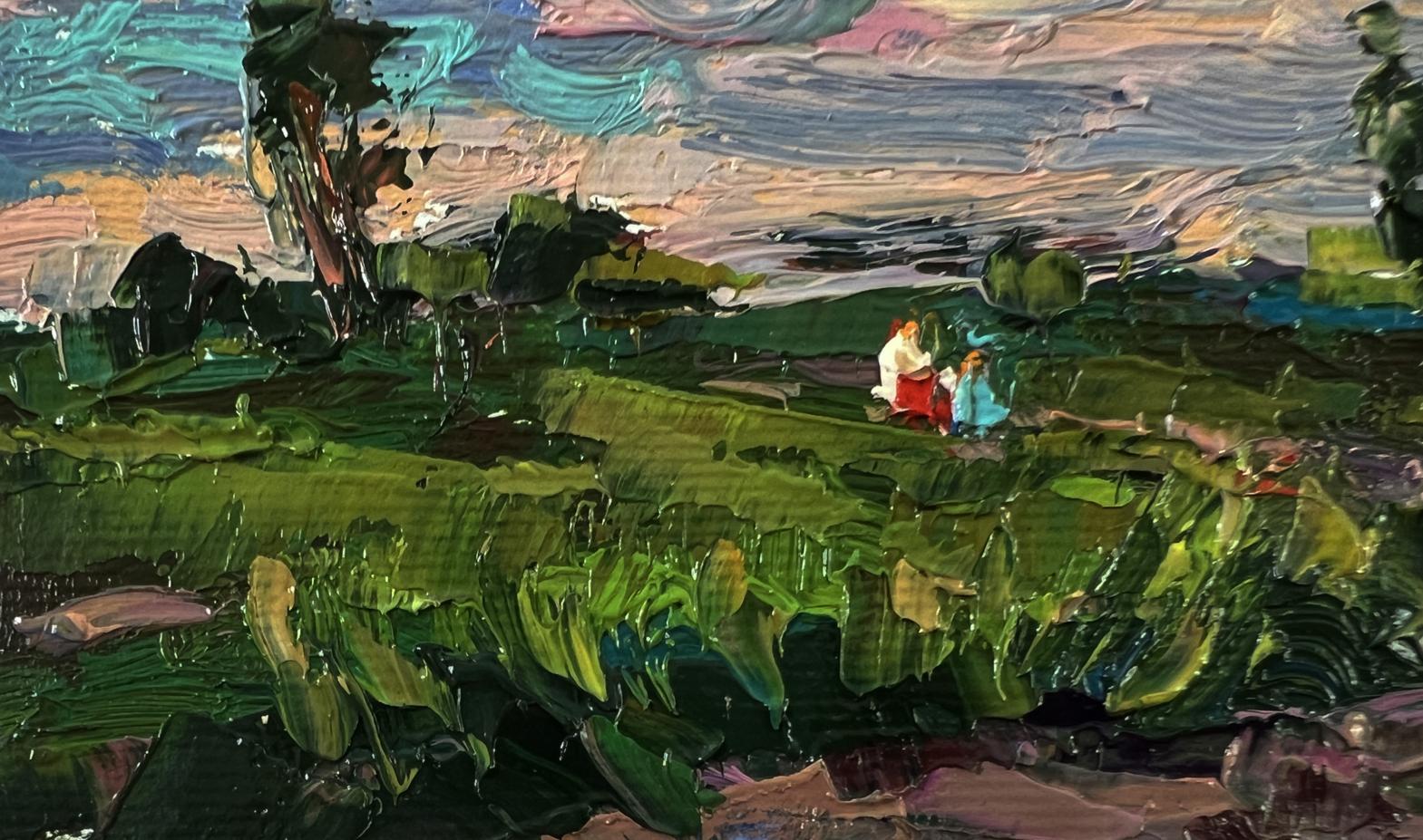 Oil painting Outside the Village by Oksana Ivanyuk, lush impressionist landscape
