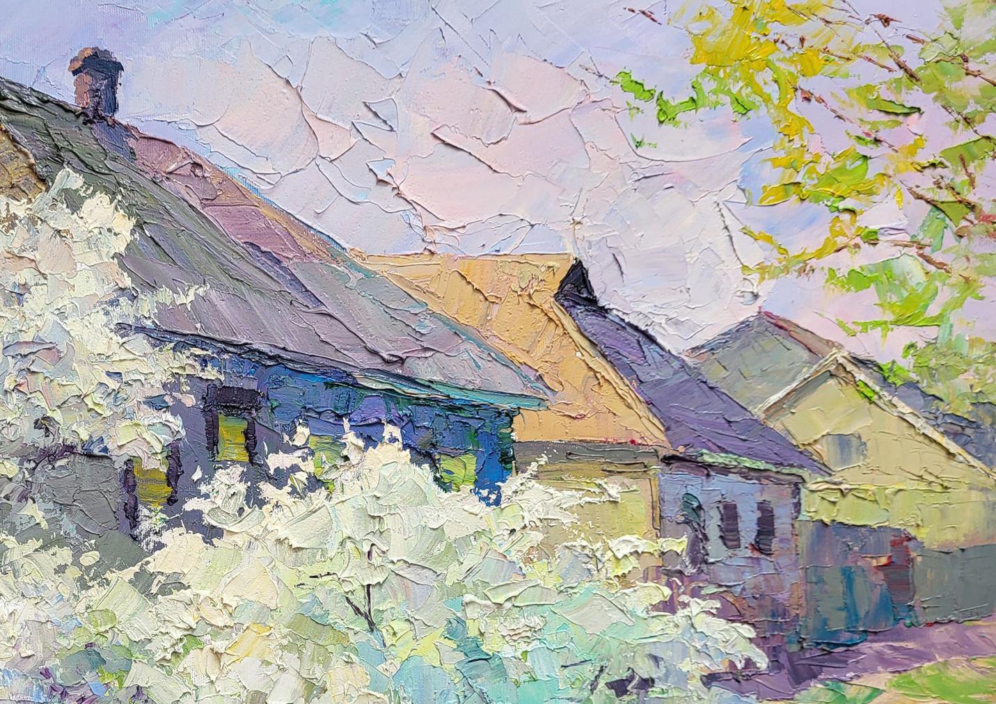 A textured, impressionistic painting of a row of houses with varied roof colors and white flowering bushes in the foreground.