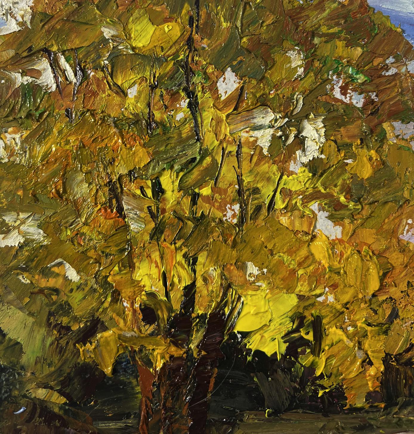 Vibrant autumn tree oil painting by Boris Serdyuk with impasto strokes