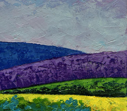 Oil painting by V. Zadorozhnya: purple hills, blue sky over green meadows
