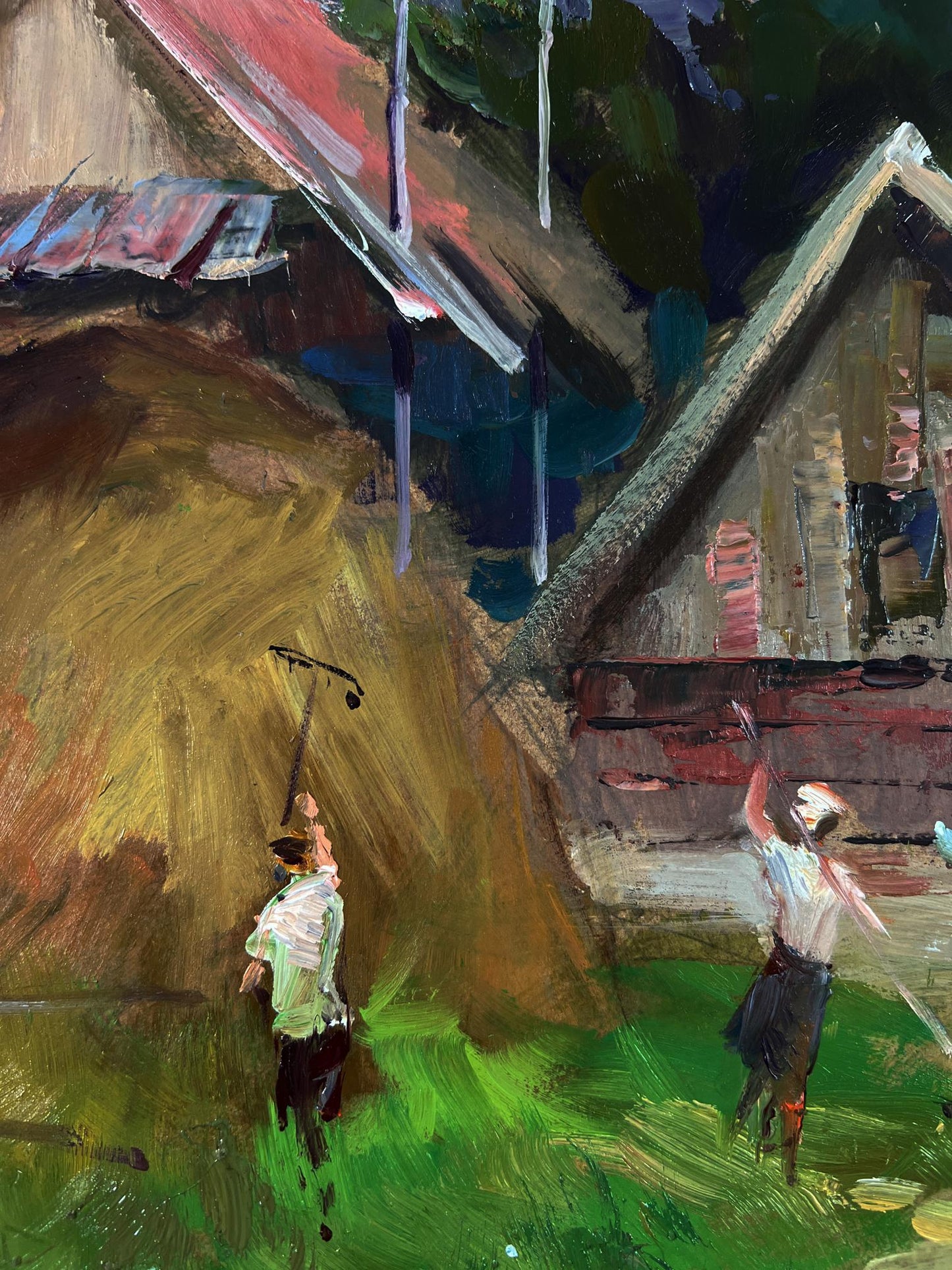 Rustic barn with red roof by house on mountains, Yuriy Suprunchuk oil painting