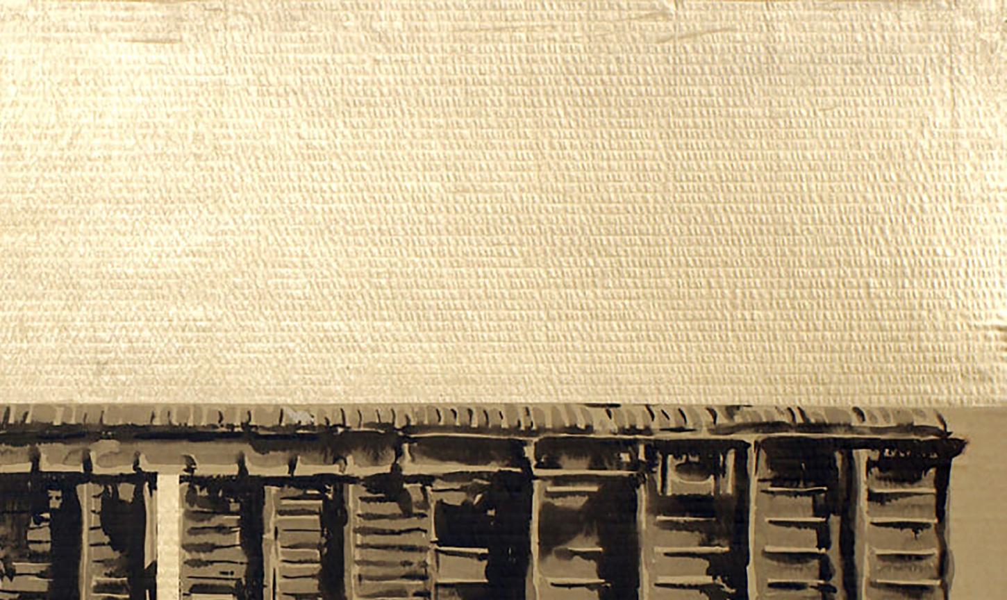 Sepia-toned acrylic painting Wagon 42 by Dima Filatov with wooden shutters