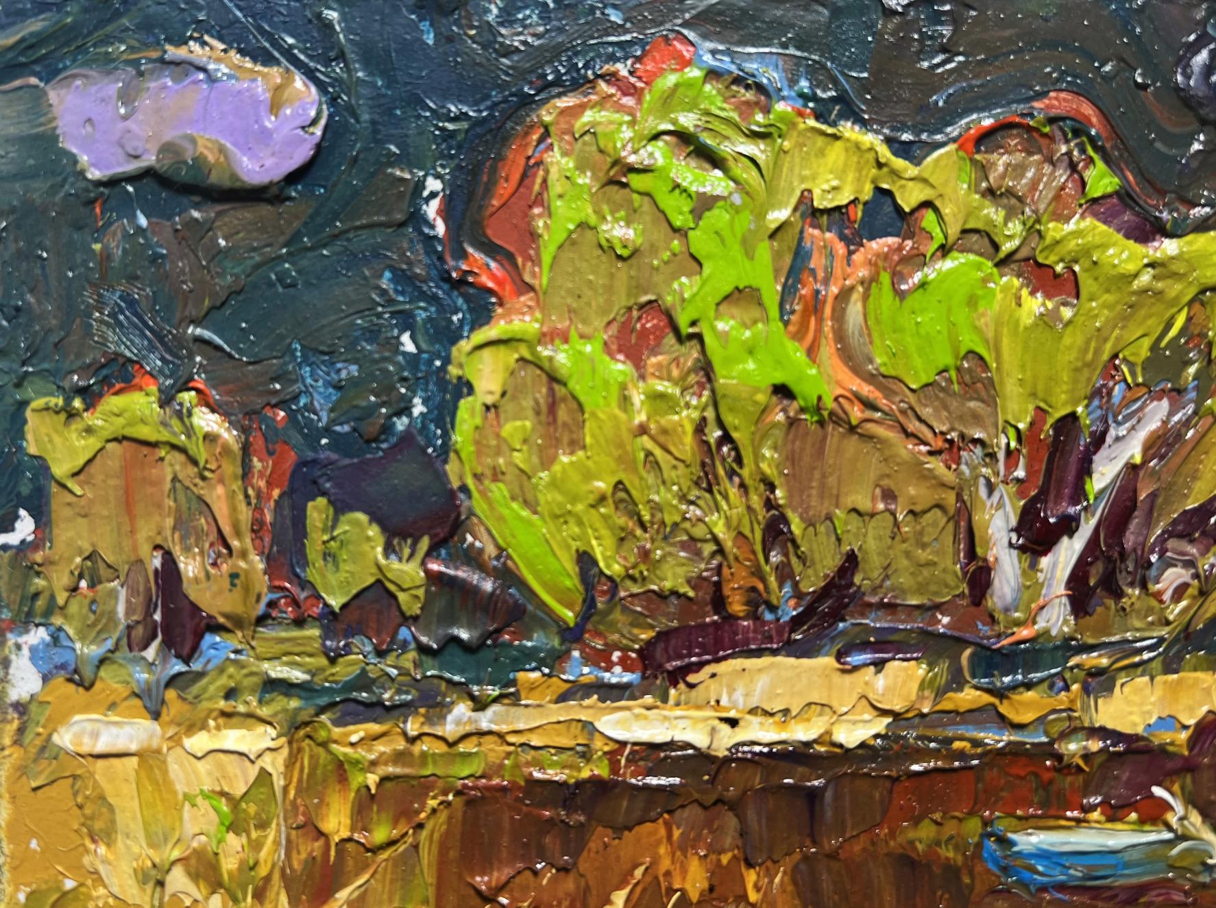 Oil painting Going fishing after the rain by Oksana Ivanyuk impasto greens