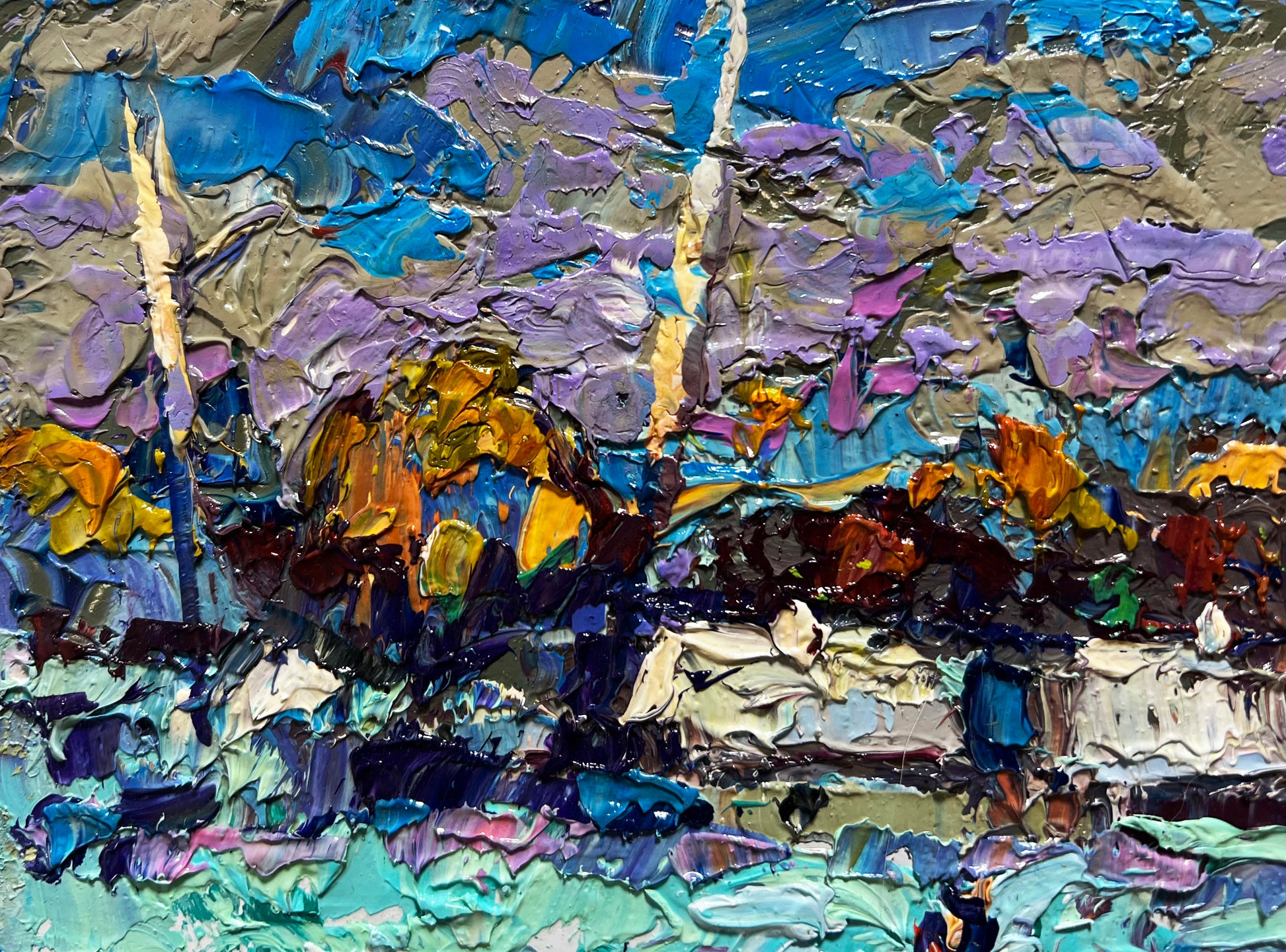 Vibrant oil painting To the house by Oleksiy Ivanyuk in blue purple orange teal