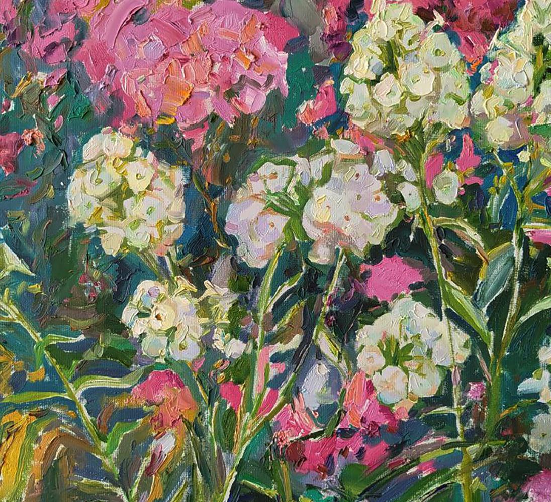 Vibrant pink and white hydrangeas oil painting by Leonid Pavlenko