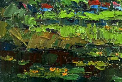 Oil painting Evening on the lake by Oksana Ivanyuk with textured green layers