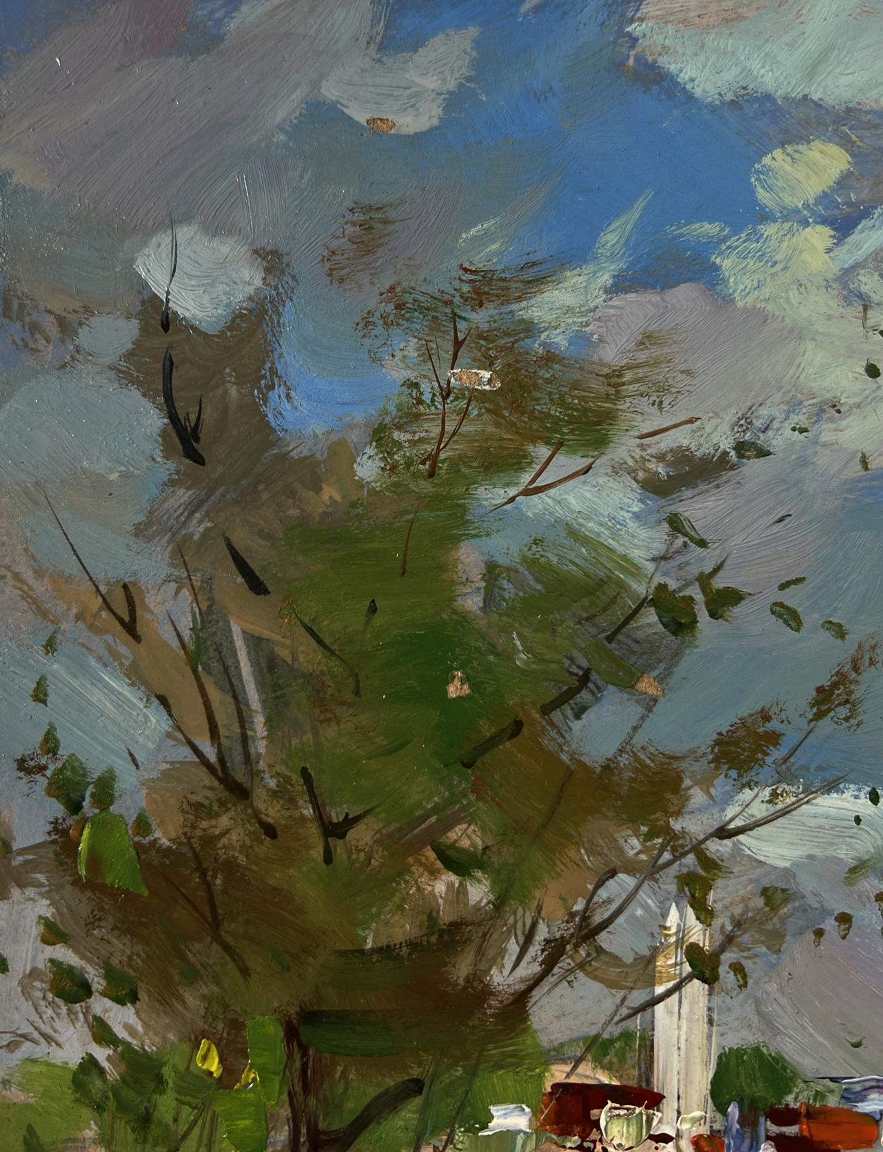 Vibrant impressionist oil painting of lush tree by river near village by Yuriy Suprunchuk