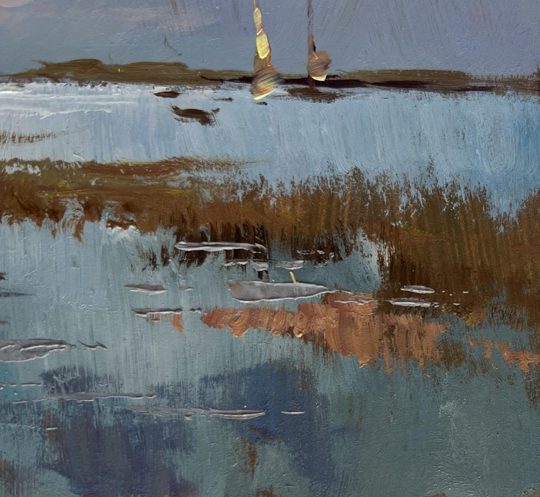 Oil painting A quiet evening by the river by Yuriy Suprunchuk with sailboats