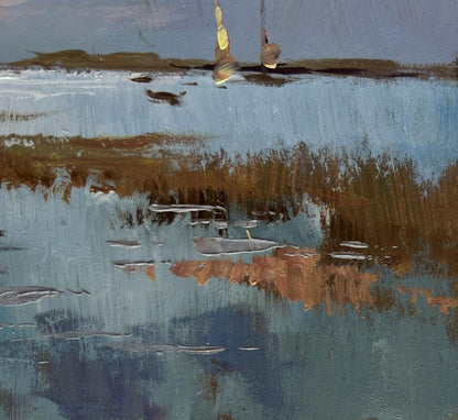 Oil painting A quiet evening by the river by Yuriy Suprunchuk with sailboats