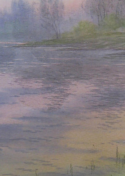 Serene watercolor Morning river by Valery Savenets, soft blues and purples