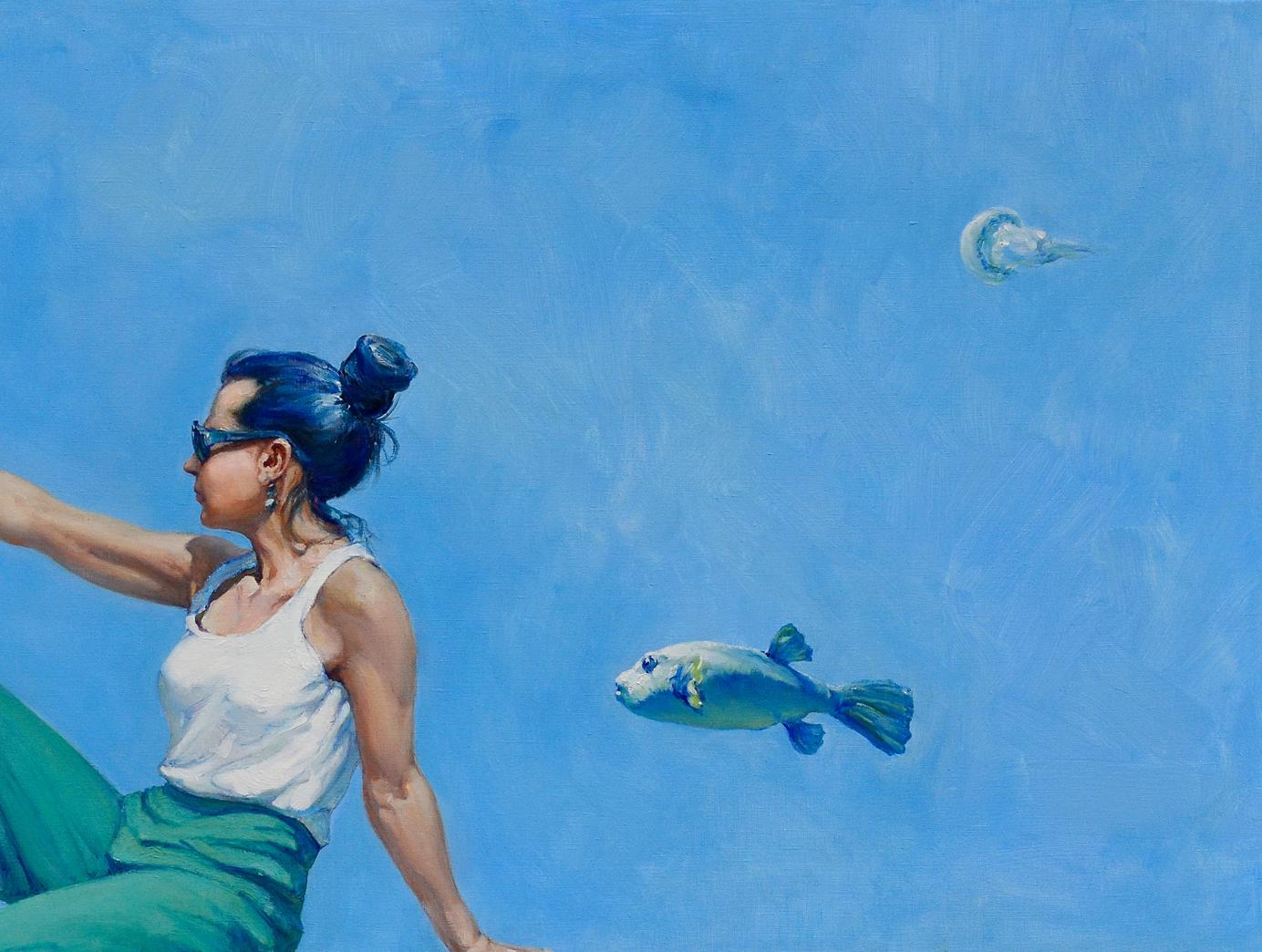 Oil painting Eat fugu fish by Oleg Kateryniuk: blue-haired woman in bun, sunglasses, white tank top on bright blue background