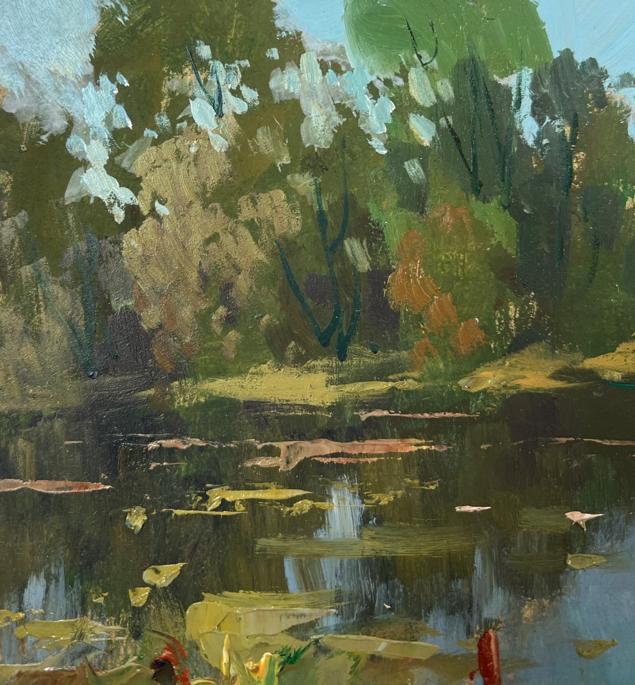 Serene impressionistic pond with lily pads by Yuriy Suprunchuk