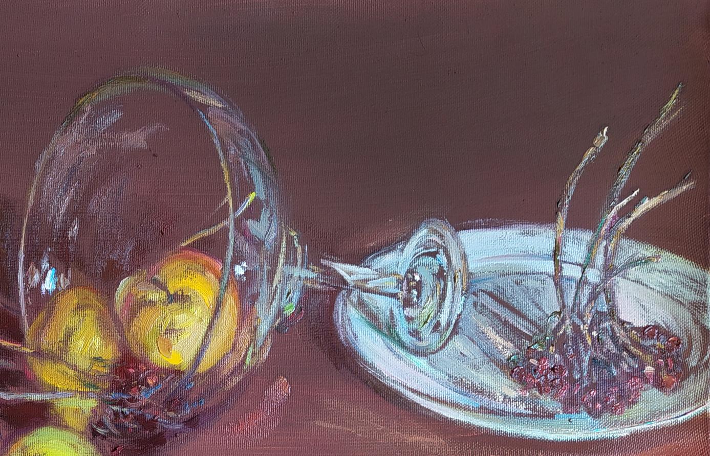 Oil painting Forgotten Fruits by Leonid Pavlenko: tilted goblet with yellow apples