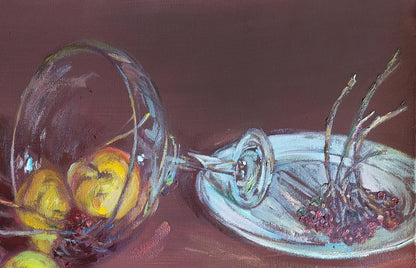 Oil painting Forgotten Fruits by Leonid Pavlenko: tilted goblet with yellow apples