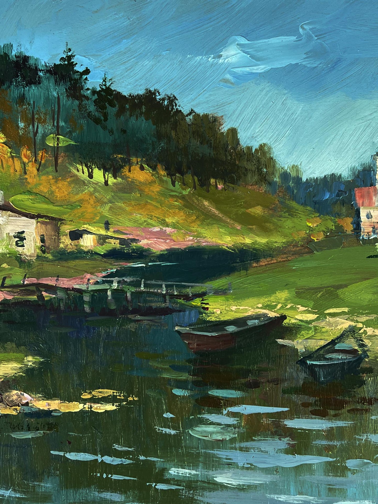 Oil painting of rustic rowboat on calm river to village by Yuriy Suprunchuk