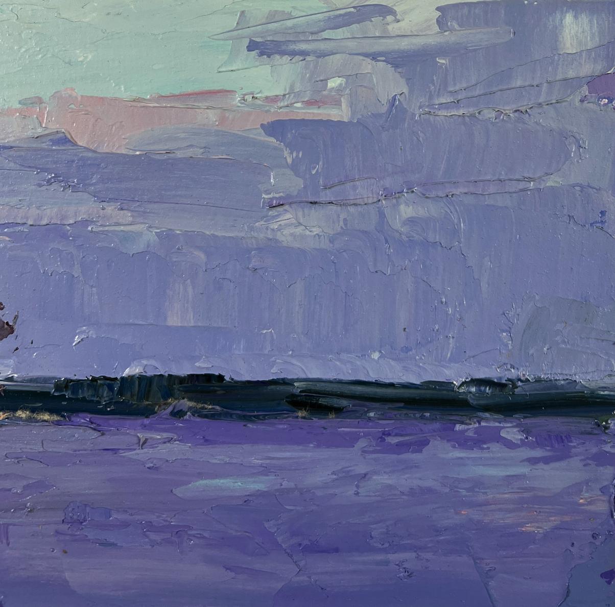 Oil painting Silent drift on the waves of a river by Boris Serdyuk in purple teal impasto